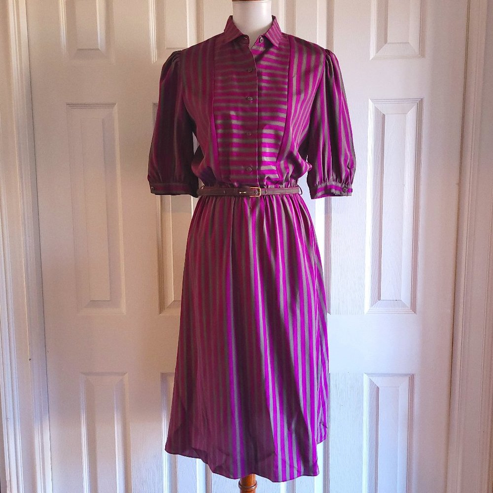80s Vintage SASSON Purple / Green Stripe Shirt Dress w/ Matching Belt